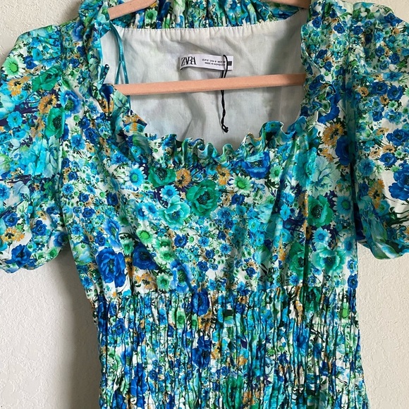 Zara Floral Print Smocked Bodice Ruffle Hem Square Neck Puff Sleeve Mini Dress S - Picture 7 of 14